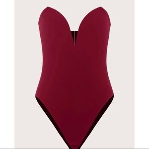 Solid red strapless bodysuit
